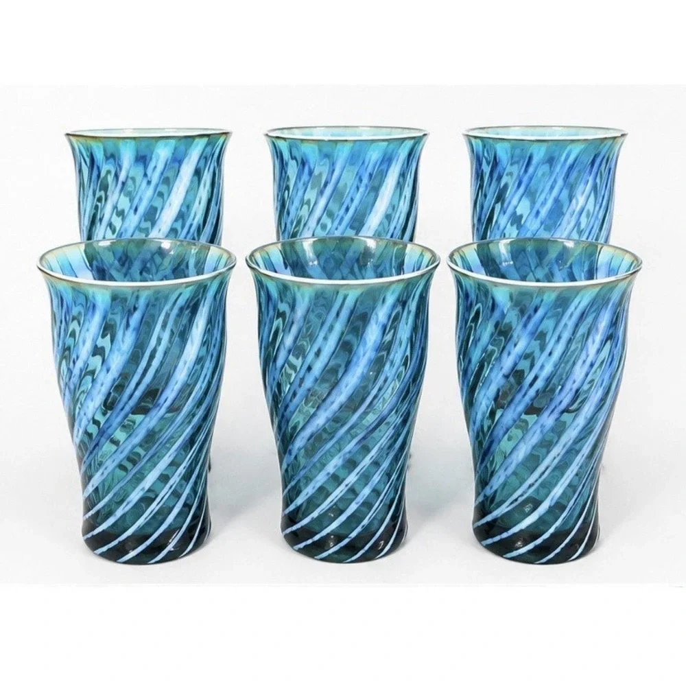 Vintage Fostoria Art Glass Tumbler Set Of 6 Blue/Teal Spiral Signed Hand Blown